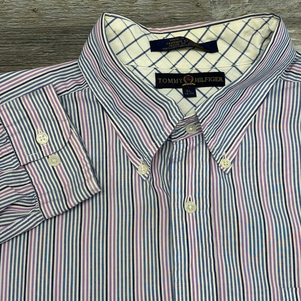 Vintage 90s Tommy Hilfiger Blue‎ Purple Micro Striped Mens XL Button Down Shirt